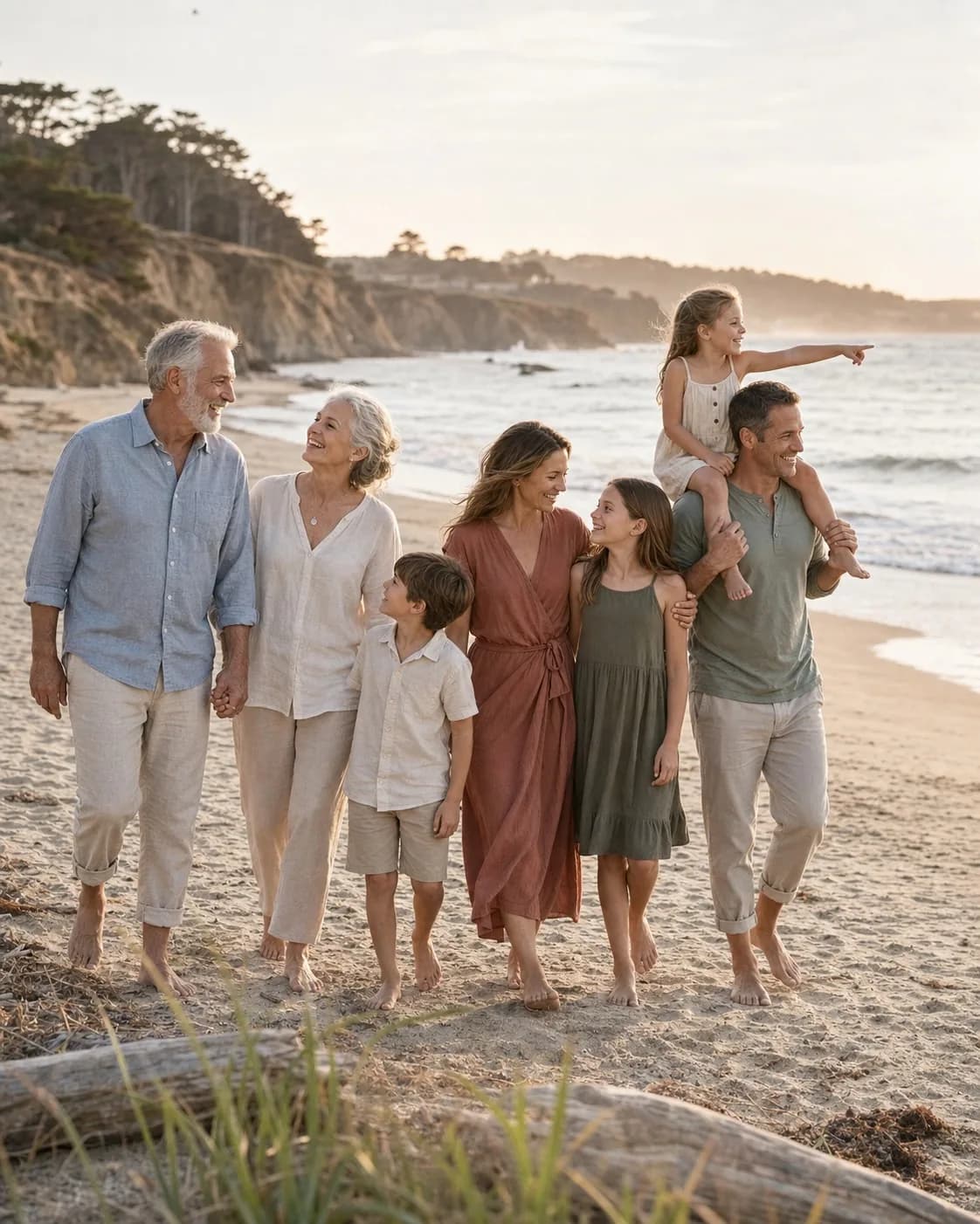 A multi-generational family walking together on the beach at sunset
