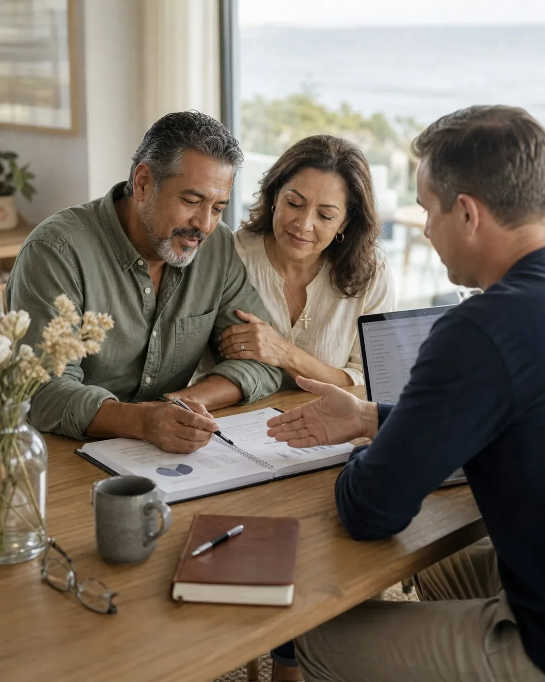 A couple reviewing their financial plan with an advisor at a table