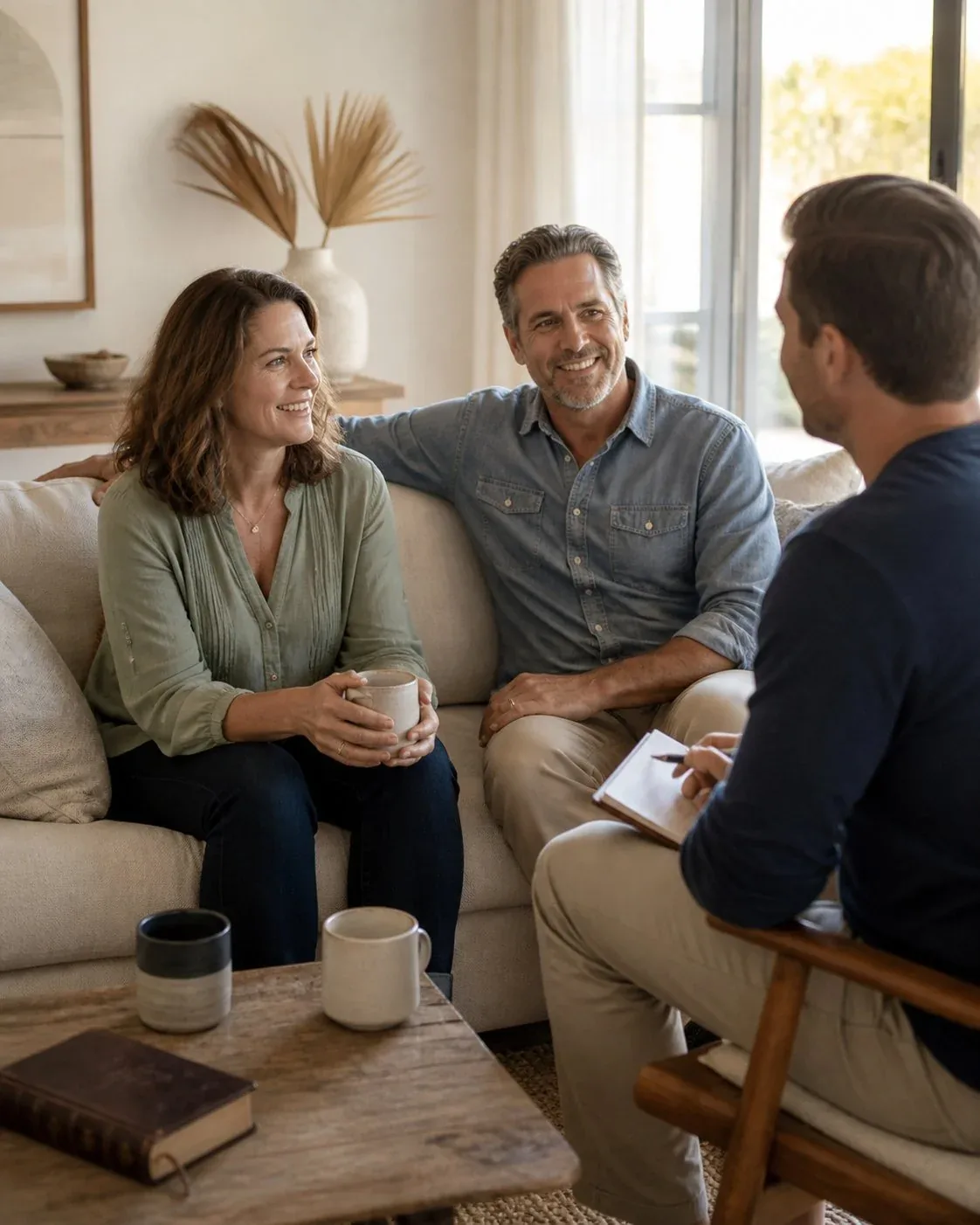 A couple talking with their financial advisor over coffee in a living room